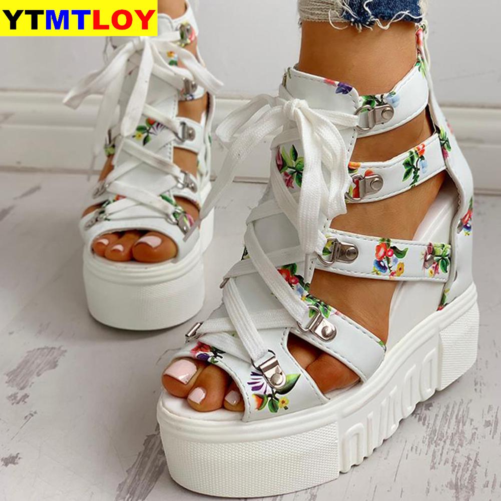 Zomerschoenen dames sandalen plateau veters hoge hakken casual schoenen dames ins print vrijetijdsschoenen wedges damesschoenen