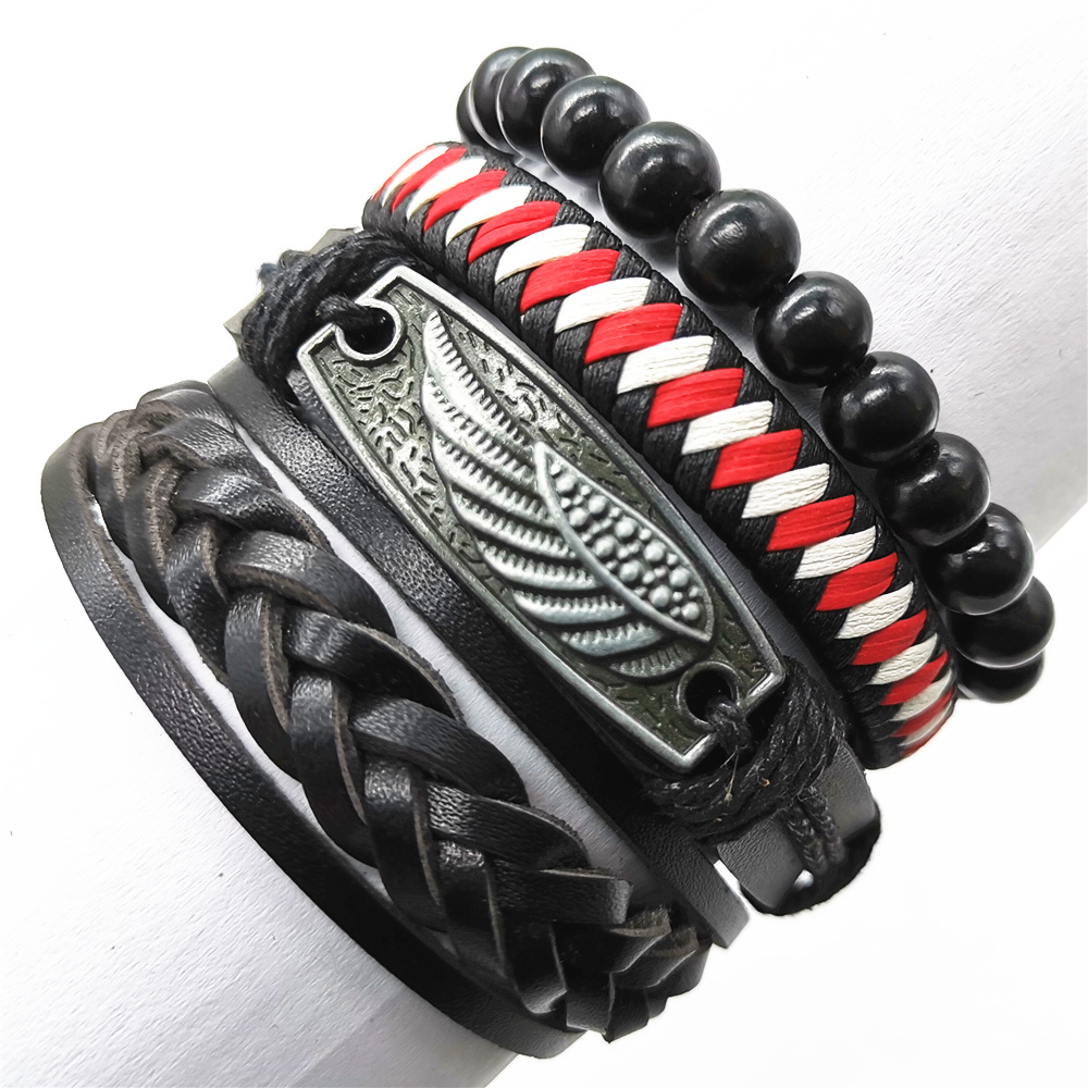 Zwart Rudder Handgemaakte Zonnebloem Klinknagel Wing Blade Kralen Schedel Lederen Armbanden 4 Stks/set Mannen Armbanden Vrouwen Mode-sieraden