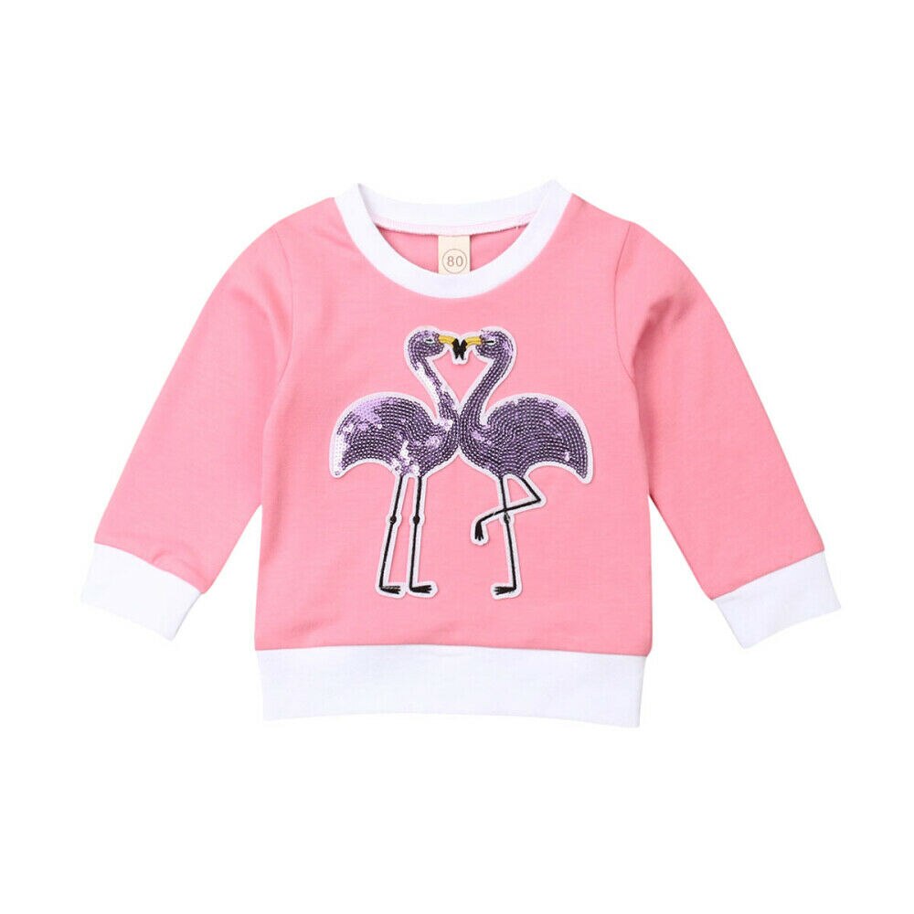 2019 Del Bambino di Autunno della Molla Capretti Dei Vestiti Del Bambino Della Ragazza Felpa Magliette e camicette A Maniche Lunghe T-Shirt Con Paillettes Flamingo Patchwork Vestiti 6 M- 4T: Colore rosa / 4T