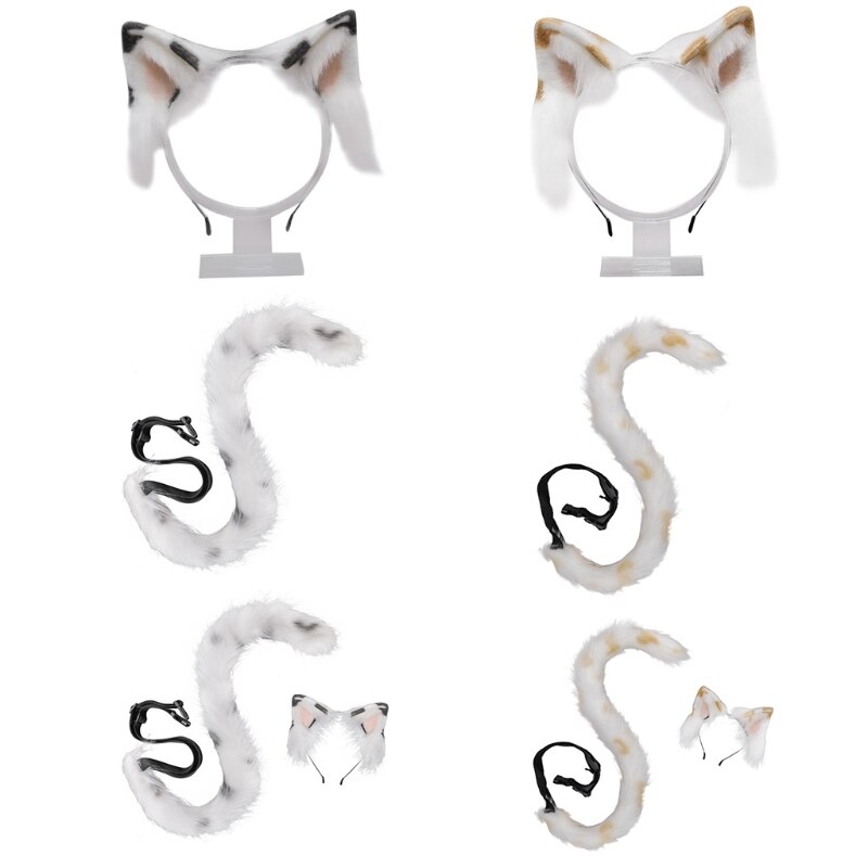 Lolita Headbands Furry Cat Ears Headwear Cow Pattern Tail Set Hair Hoop for Halloween Cosplay Headpiece Party Supplies S24 21