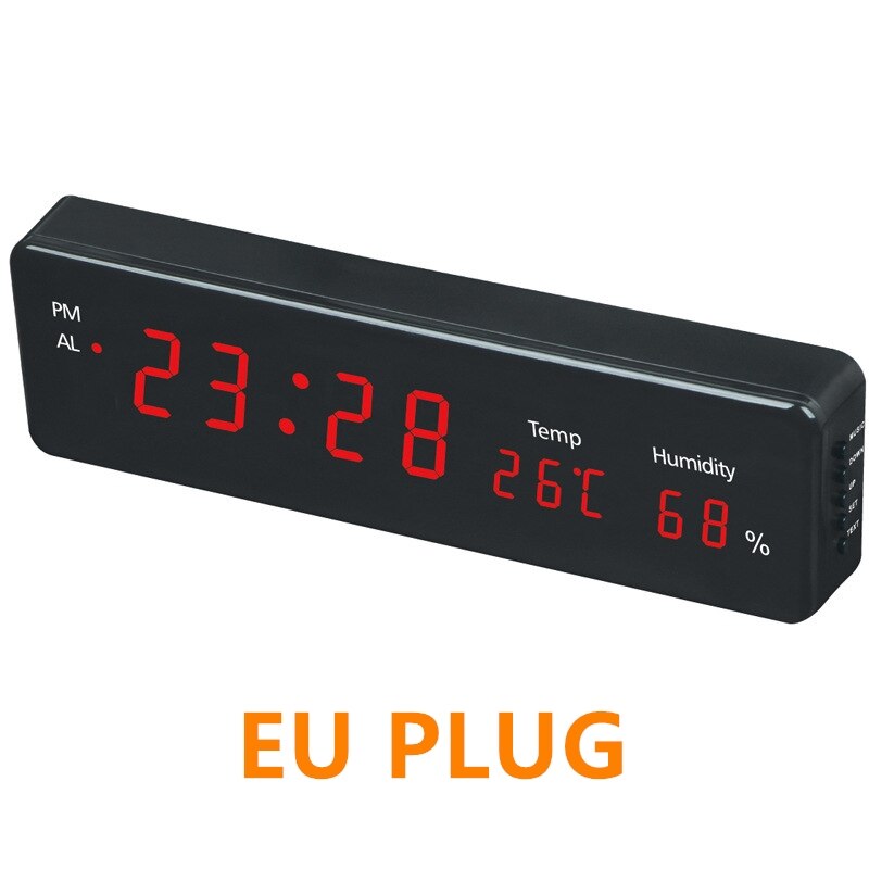 Big Number Large LCD Digital Wall Clock Multi-function Electronic Bedside Table Clock Desk Alarm Clock With Temperature Humidity: Red EU PLUG