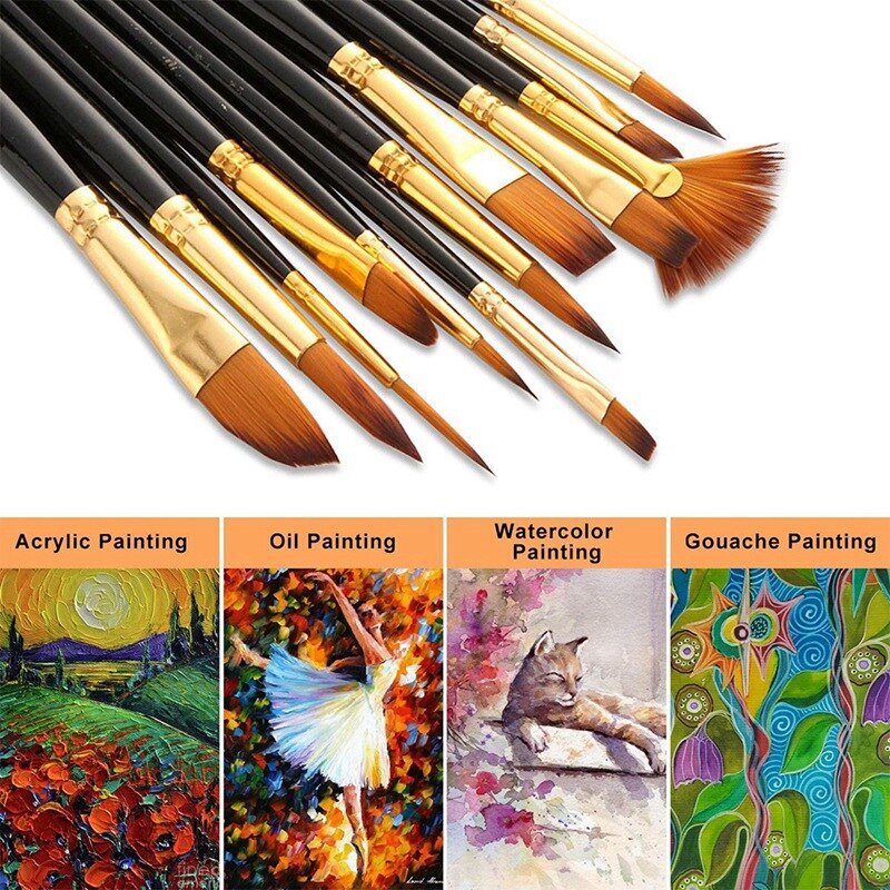 15Pcs Paint Brush Set with 12 Brushes Sponge and Palette for Watercolor Oil Acrylic Painting