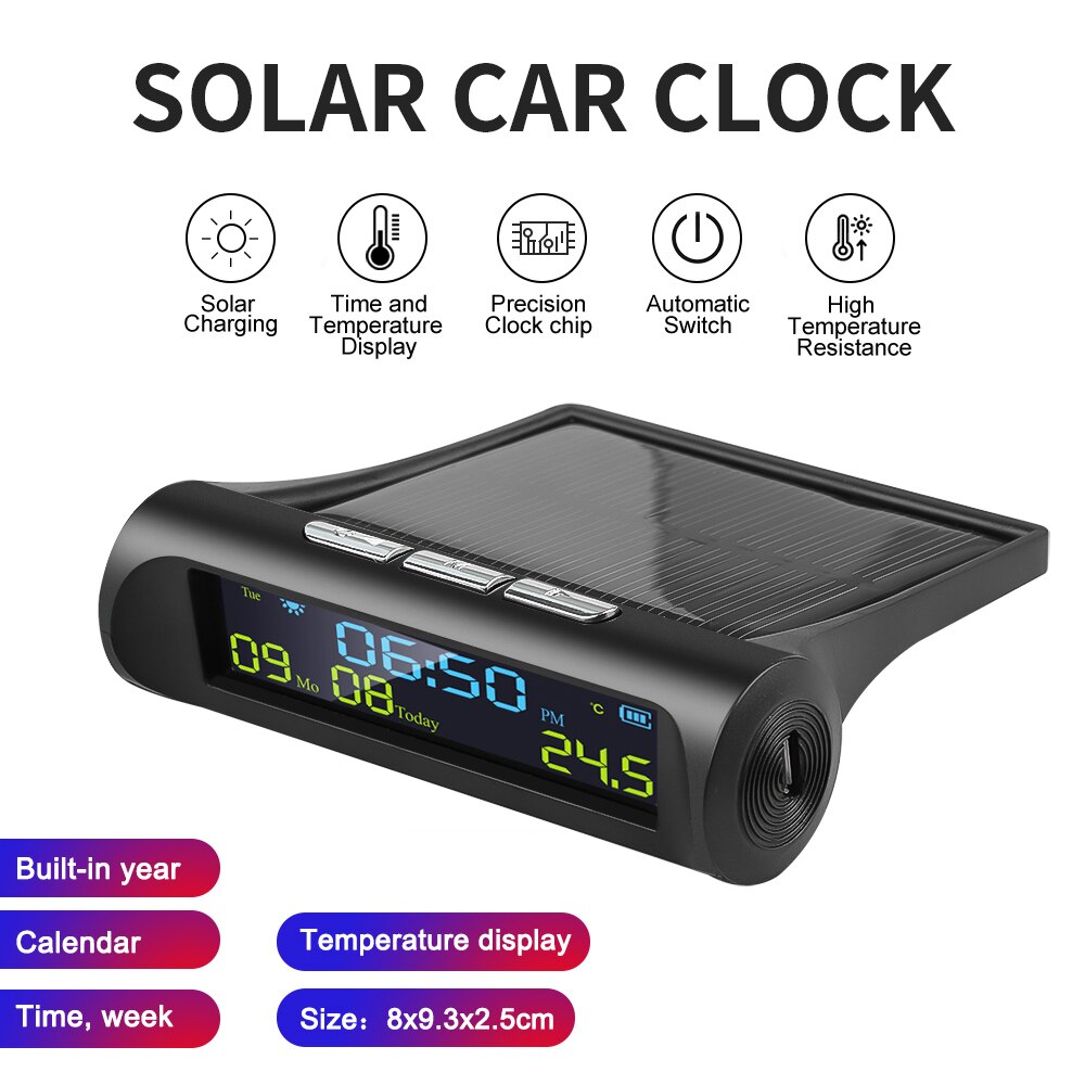 Solar Car Clock Outside Thermometer Driving Time Reminder Automatic Switch No Wiring High-Precision LCD Digital Clock