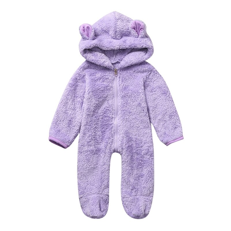 Baby Winter Jumpsuit Mooie Lange Mouwen Fleece Hooded Romper Solid Uitloper Pyjama Stijl Voor Baby Meisjes Jongens 0-2Y: Purple / 80