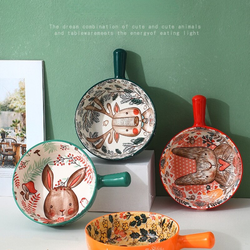 Cartoon Handle Bowl Household Fruit Salad Bowl Tableware Cute Animals Instant Noodle Bowl Ceramic Baking Bowl
