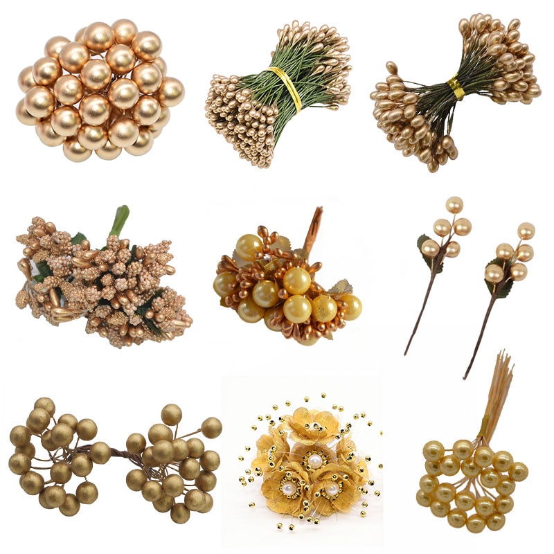 Or fleur artificielle fruits étamines fleur cerise étamine baies Bundle bricolage gâteau noël mariage boîte couronnes décor