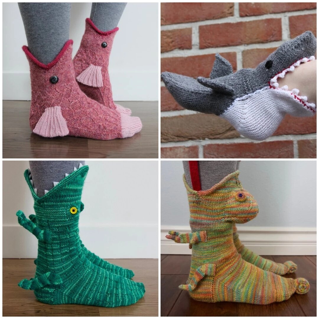 Christmas Shark Fish Chameleon Crocodile Knit Socks Cute Unisex Novelty Winter Warm Floor Sock For Men Women