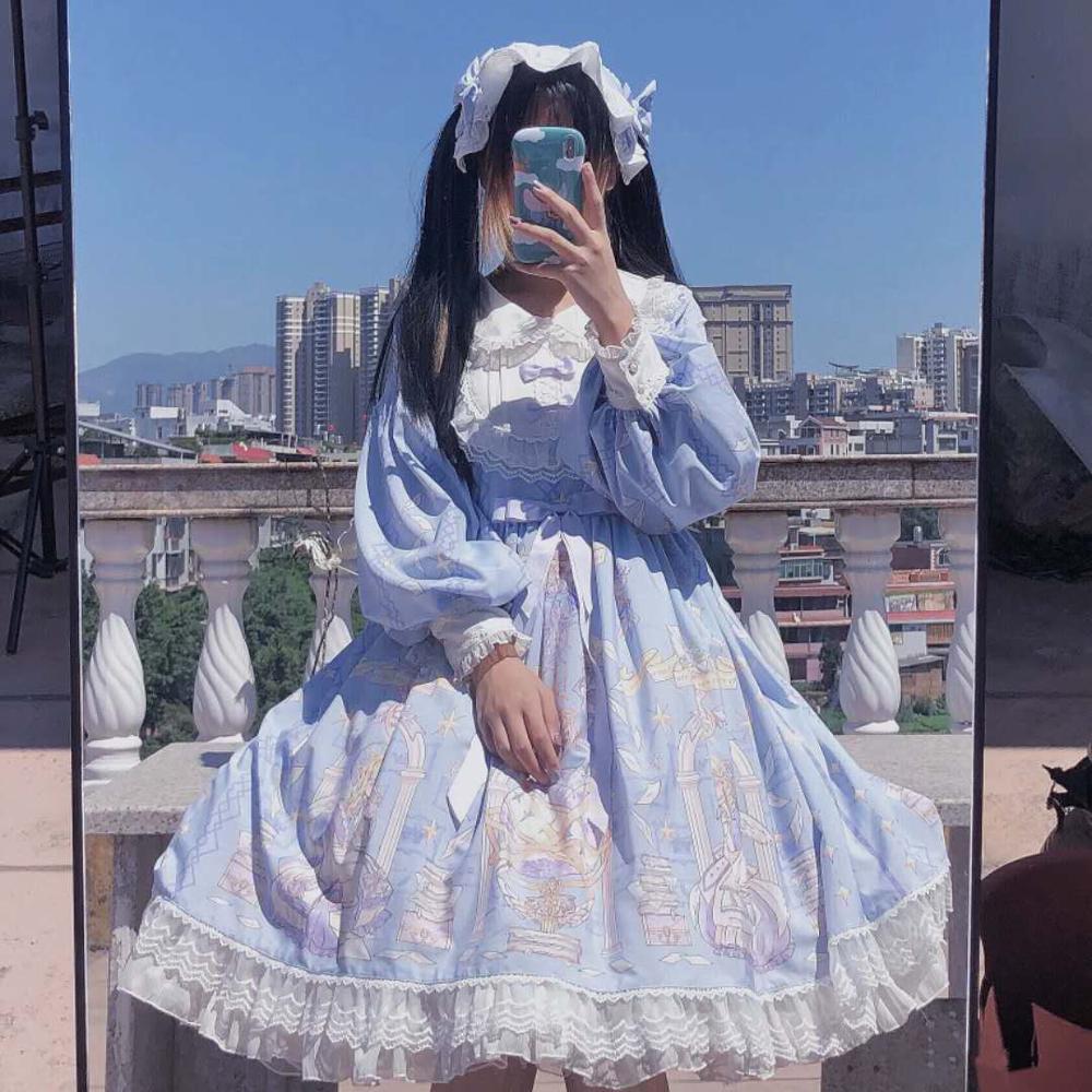 Gótico lolita vestido harajuku rua moda cruz cosplay vestido feminino japonês macio irmã estilo estrela tule vestido bonito girl2020: Blue / M