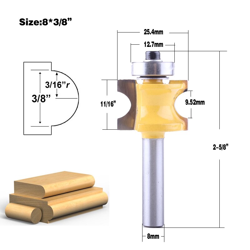 1Pc 8mm Shank Bullnose Router Bit Set C3 Carbide Tipped Woodworking cutter: D-25.4mm
