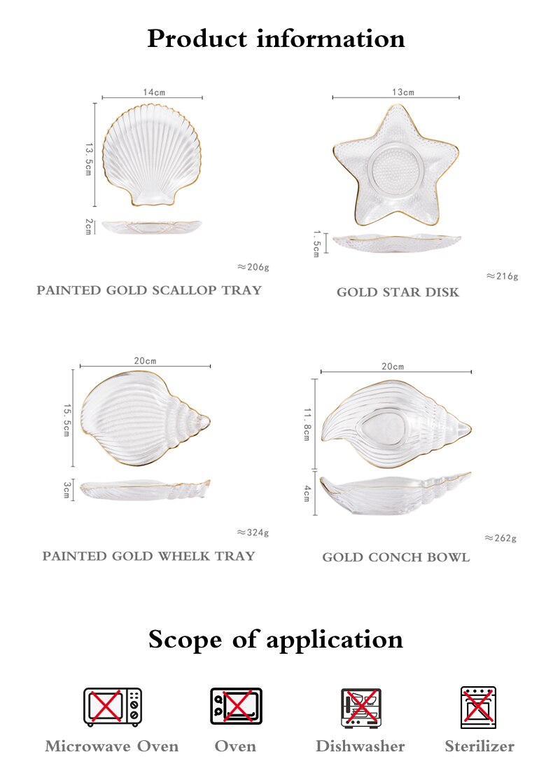 Gylden kant glas plade diy hav konkylie kammusling smykker opbevaring salat plade dessert skål middag plader sushi plade sashimi plade