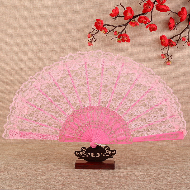 23cm Thin Lace Fan Plastic Bone Hand Fan Art Craft Lolita Japanese Sweet Girl Dance Photo Props Wedding Party Decoration: Pink no pendant