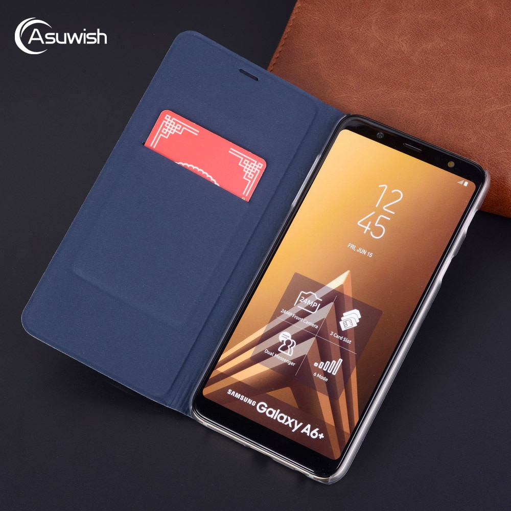 Funda de cuero con tapa para teléfono Samsung Galaxy A6 Plus A 6 A62018 A6plus SM-A600F SM-A605F galaya6, funda tipo billetera para tarjetas