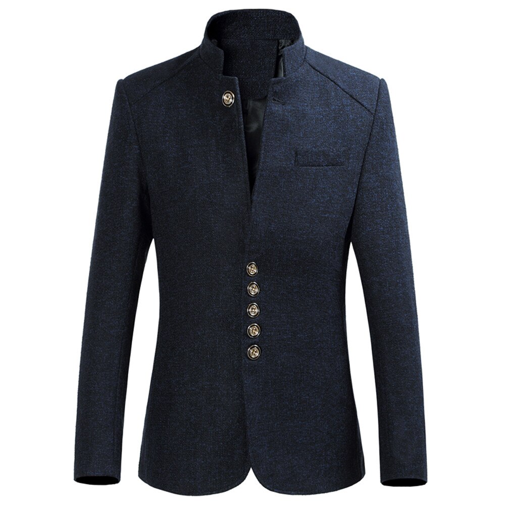 Estilo chino hombres traje blazer Otoño Invierno Slim mens traje chaqueta blazers mandarín collar d90604: Azul marino / L