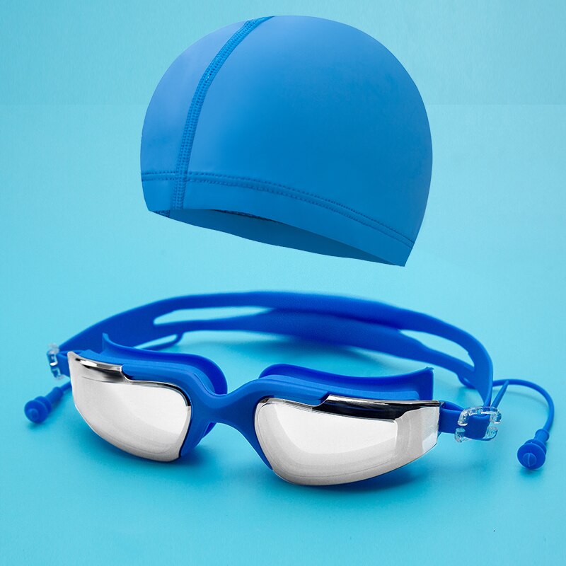 Galvaniseren Uv Anti-Fog Badpak Bril Zwemmen Duiken Verstelbare Zwembril Dames Mannen Zwemmen Goggle Ear Plug: Blue-Set
