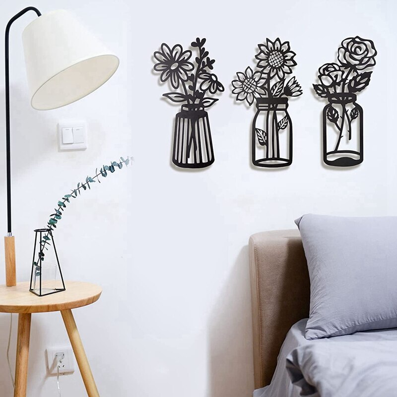 impostato di 3 fiori in metallo decorazioni murali fiore in metallo minimalista fiore in metallo parete arte arredamento parete arte fiore nero decorazioni in ferro