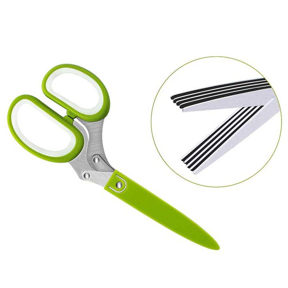 Herb Scissors with 5 Blades Kitchen Gadgets Cutter Chopper and Mincer Multipurpose Kitchen Scissors with Cover Brush Leaf Peeler