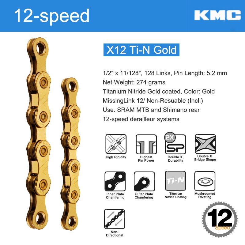 KMC 12 Speed Bicycle Chain X12 L MTB Road Bike X Bridge Trekking Commuting Cycle W/ Original MissingLinks Connectors
