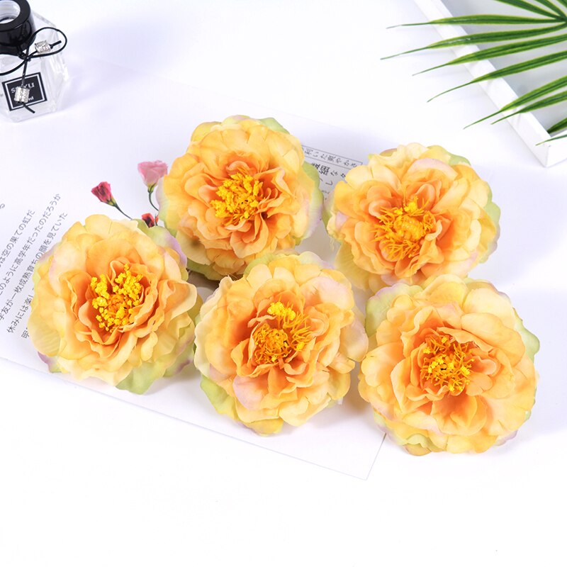2 stk 9cm butikk kunstige pioner blomst silke rose til bryllupsfest hjemmedekorasjon diy krans utklipp blomst: Oransje / 2 stk