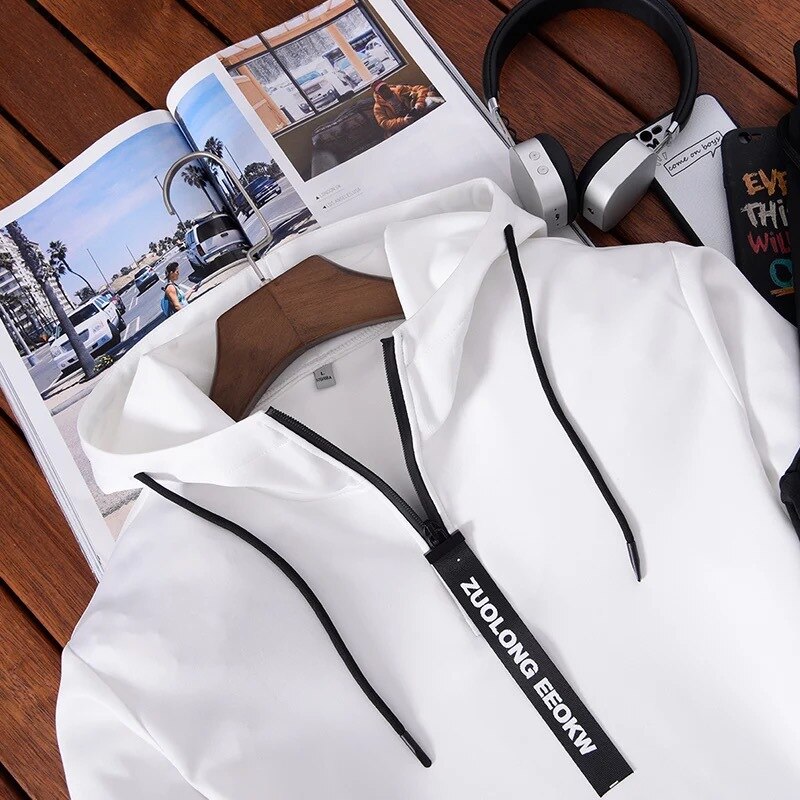 Jeugd Casual Sport Hoodie Zwart Pak Wit 2 Stuk Jogging Running Outfits Heren Herfst Effen Kleur Lange Mouwen Set