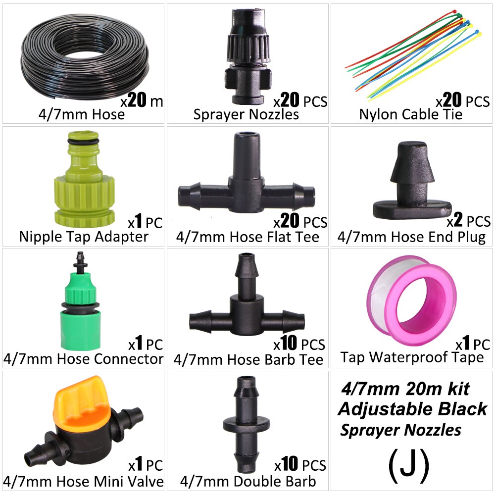 20m Garden Shower Drip Irrigation Sprayer System With Adjustable Watering Nozzle Sprinkler Mist Cooling Automatic Irrigation Kit: J