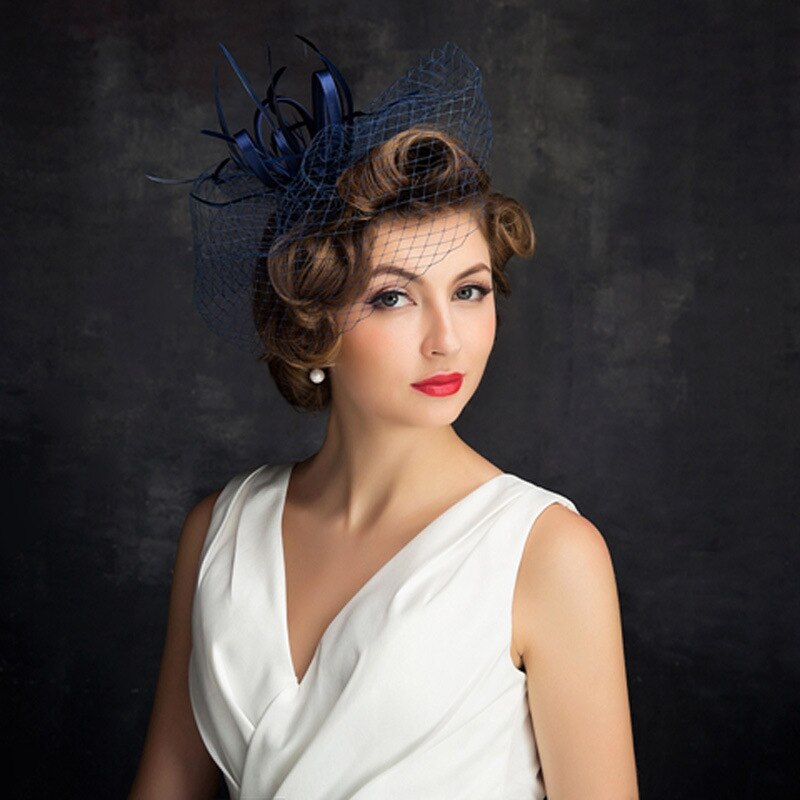 Navy Blue Wedding Hats Bridal Headpiece with Veil Handmade Birdcage for Evening Party