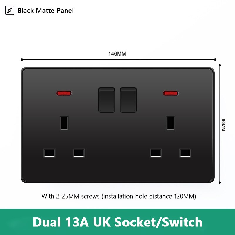 Avoir UK Standard 13A Wall Socket Black White Gray Plastic Embedded Panel Usb Socket With Switch 110-250V Two Britain Outlet: 2UK2GL-B