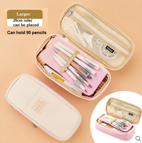 Simple pencil case high capacity primary and students pencil case stationery case: Pink Beige Larger