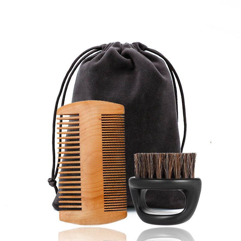 Skæg hår kam sæt blødt ornebørste træ skæg børste frisør barbering værktøj herre overskæg kam kit med taske: Guld