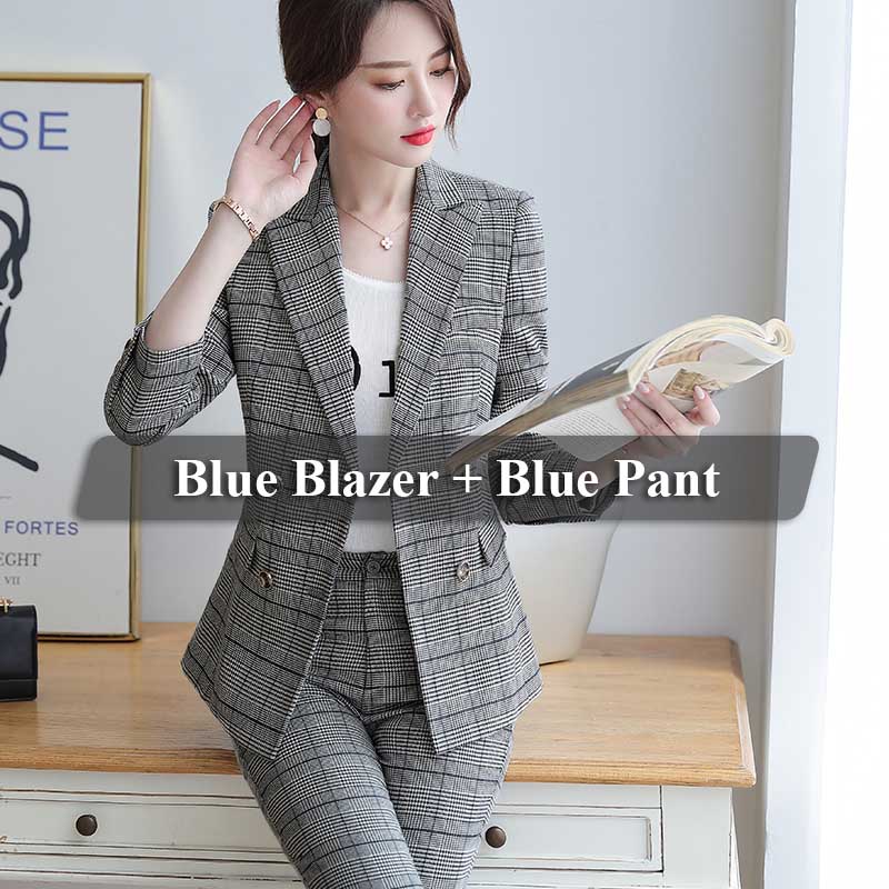Lenshin 2 pièces ensemble Plaid formel pantalon costume Blazer bureau dame conçoit des femmes veste souple et cheville longueur pantalon: 2 Pieces Blue Suit / XL