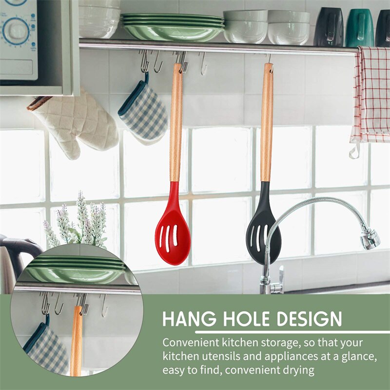 Non-Stick Silicone Spoon With Wooden Handle Slotted Serving Spoon Heat-Resistant Cooking Utensil Soup Spoons For Kitchen Baking