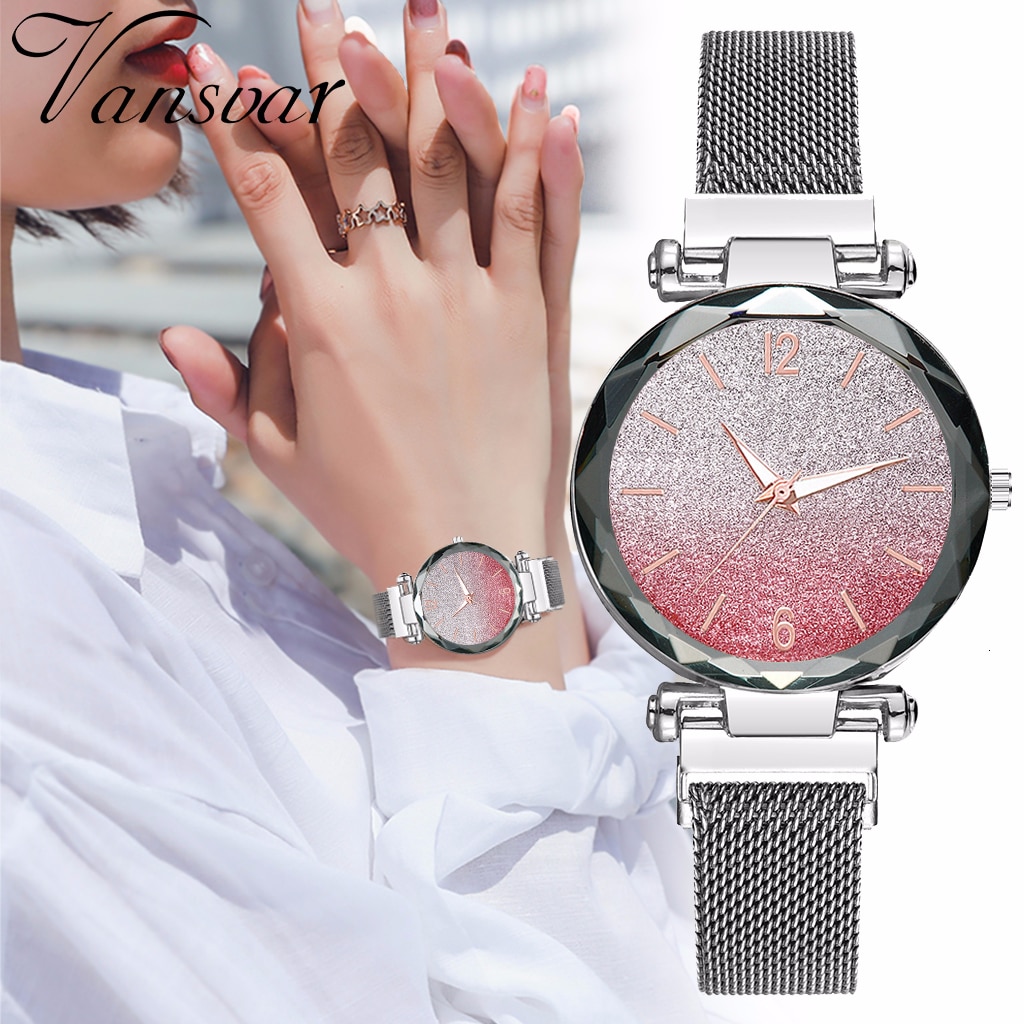 Vrouwen Magneet Gesp Gradiënt Kleur Sterrenhemel Horloge Luxe Dames Roestvrijstalen Gaas Riem Quartz Horloges Klok