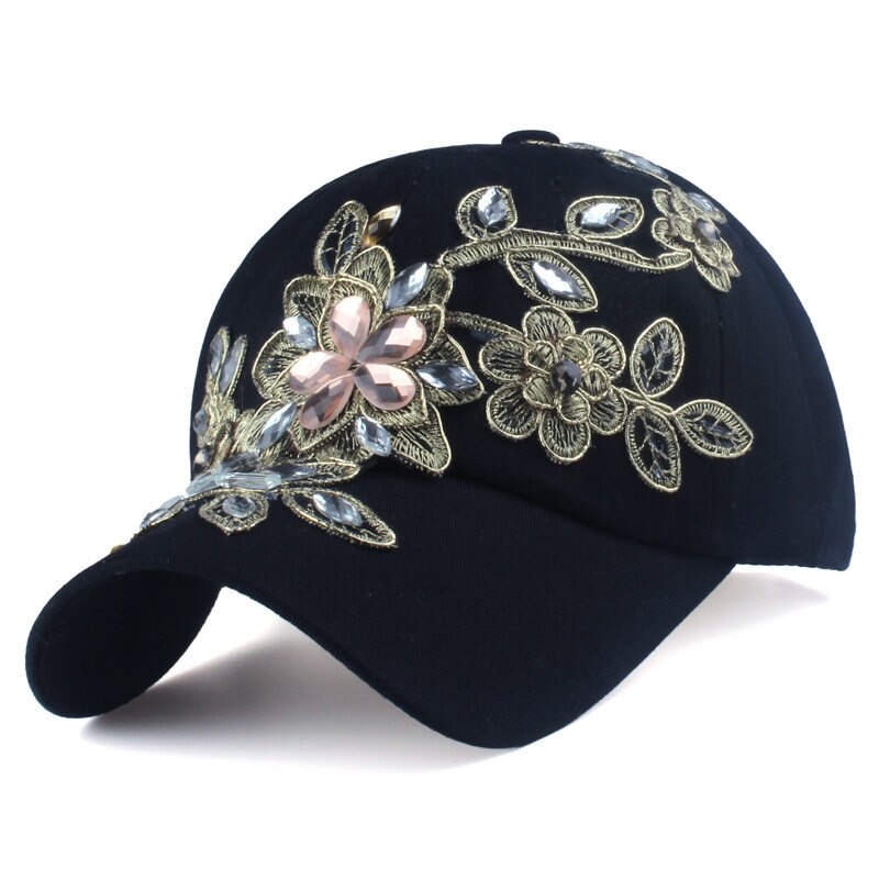 [yarbuu] mærke baseball kasket med blomster kanvas snapback kasketter til kvinder kvinde kasket hat rhinestone denim kasket: Sort