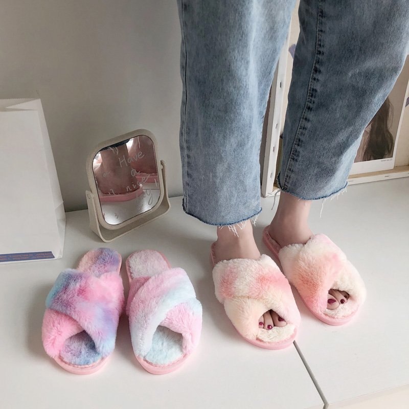 Multi-color Women Fluffy Slipper Shoes Winter Cross-tie Plush Slippers Flat Shoes Warm Faux Fur Slipper Home Ladies Shoes