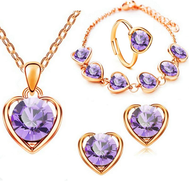 Luxury Female Rainbow Crystal Wedding Jewelry Set Cute Gold Silver Color Stud Earrings For Women Boho Love Heart Chain Necklace