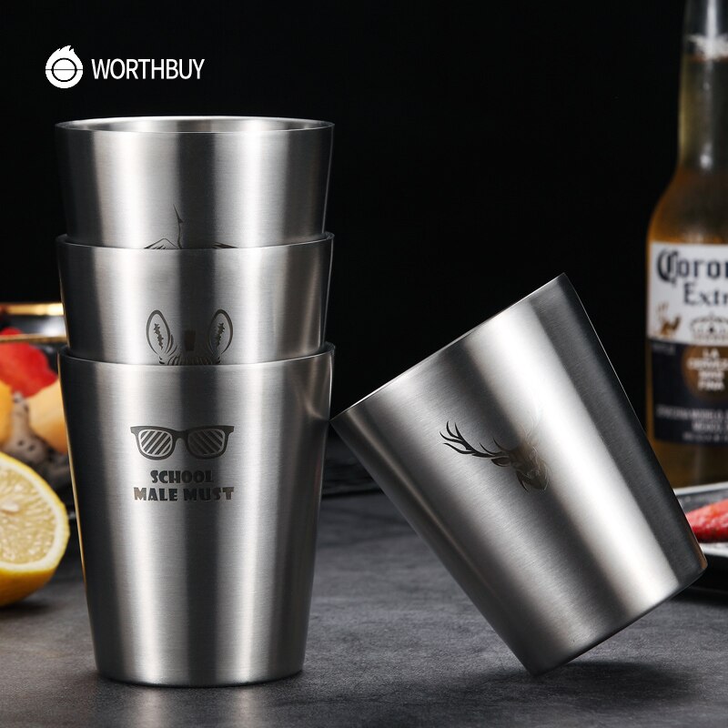 WORTHBUY Nette Muster Bier Becher 18/8 Edelstahl Bier Tasse Kaffee Becher Mit Doppel Wand Küche Drink Für Kinder Wasser Becher