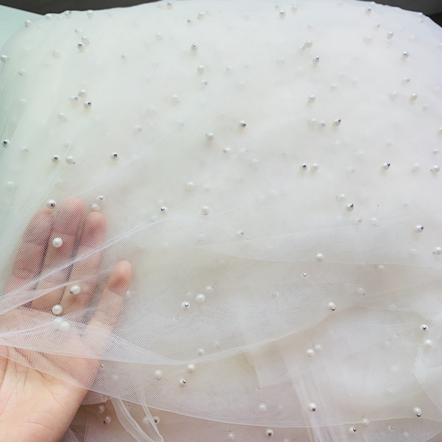 Tissu en Tulle et dentelle perlée, 5 mètres, décoration pour robe, , en Stock, 2022: Ivory 5Y
