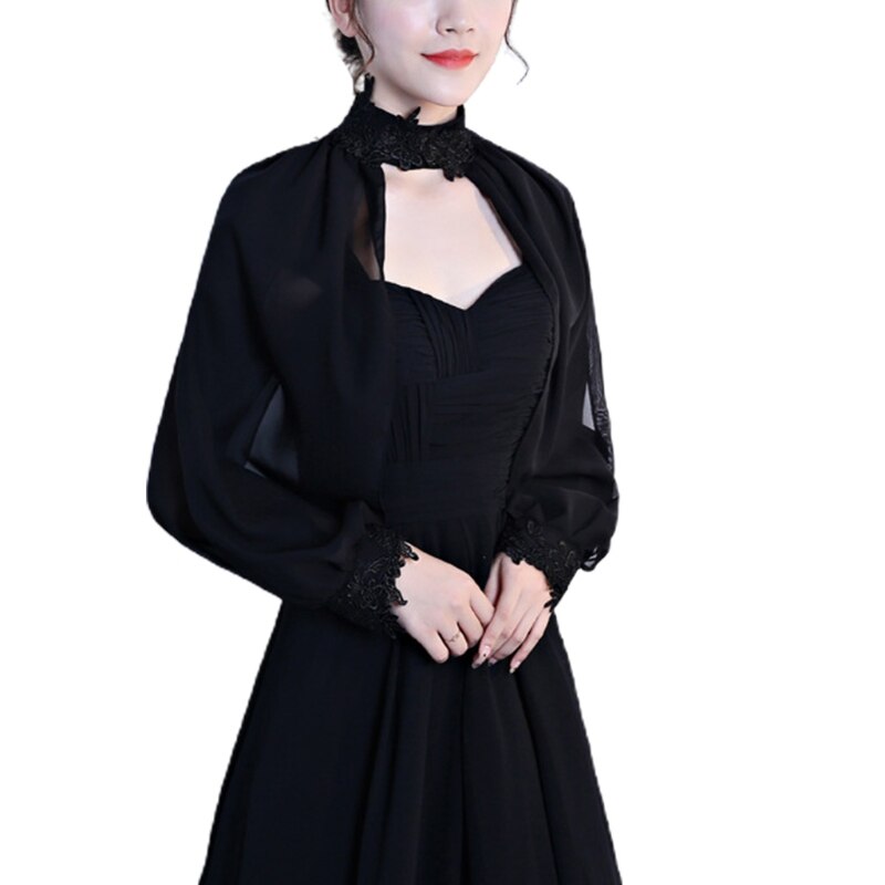 Châle à manches longues pour femmes, col licou, mousseline de soie, boléro, fente latérale: Black