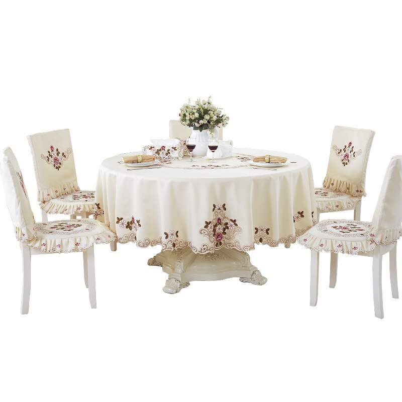 European-style Embroidered Round Table Round Tablecloth Household Hollow Pastoral Tablecloth Chair Cushion Chair Cover Set