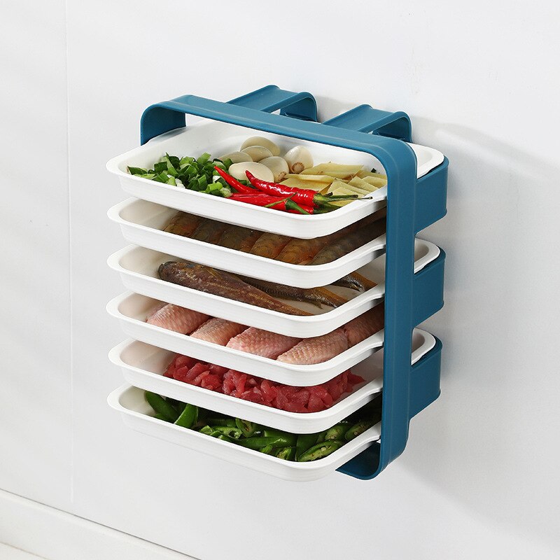 Kitchen side dish plate multi-layer superimposed vegetable plate household countertop space-saving wall-mounted rack plate sets: Blue 6 layers
