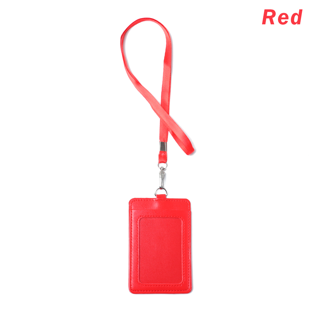 PU Leather Card Holder With Rope Lanyard double card sleeve ID Badge Case Clear Bank Credit Card Badge Holder Office Supplies: A-red