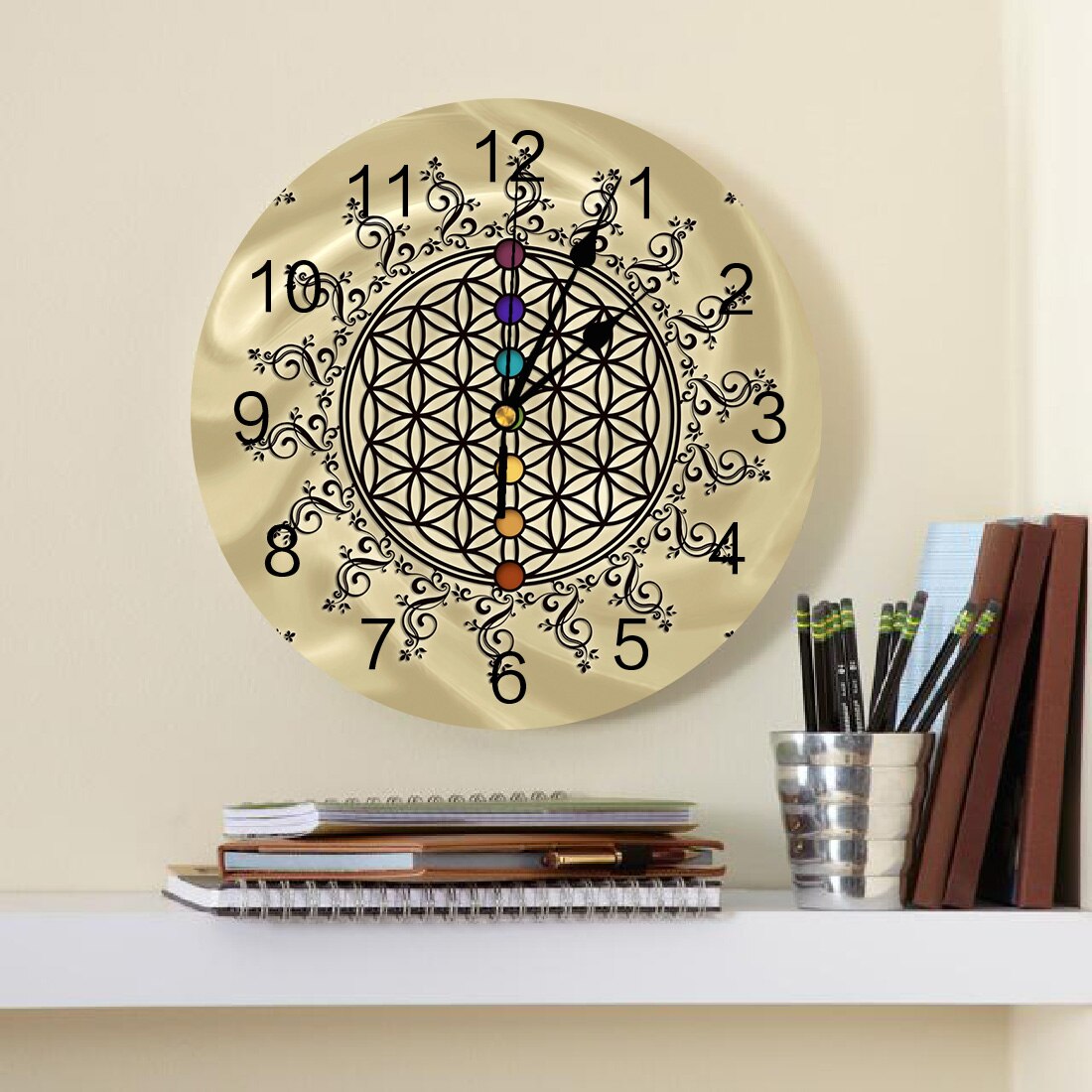 Flower of Life-Reloj de pared de Yoga Zen para decoración del hogar, reloj de pared silencioso para cocina, reloj de pared de salón Digital