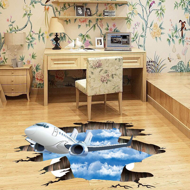 3D Wall Decals Blue Sky Clouds Aircraft Wall Stickers for Kids Baby Rooms Living Room Bathroom Poster Floor Decoration