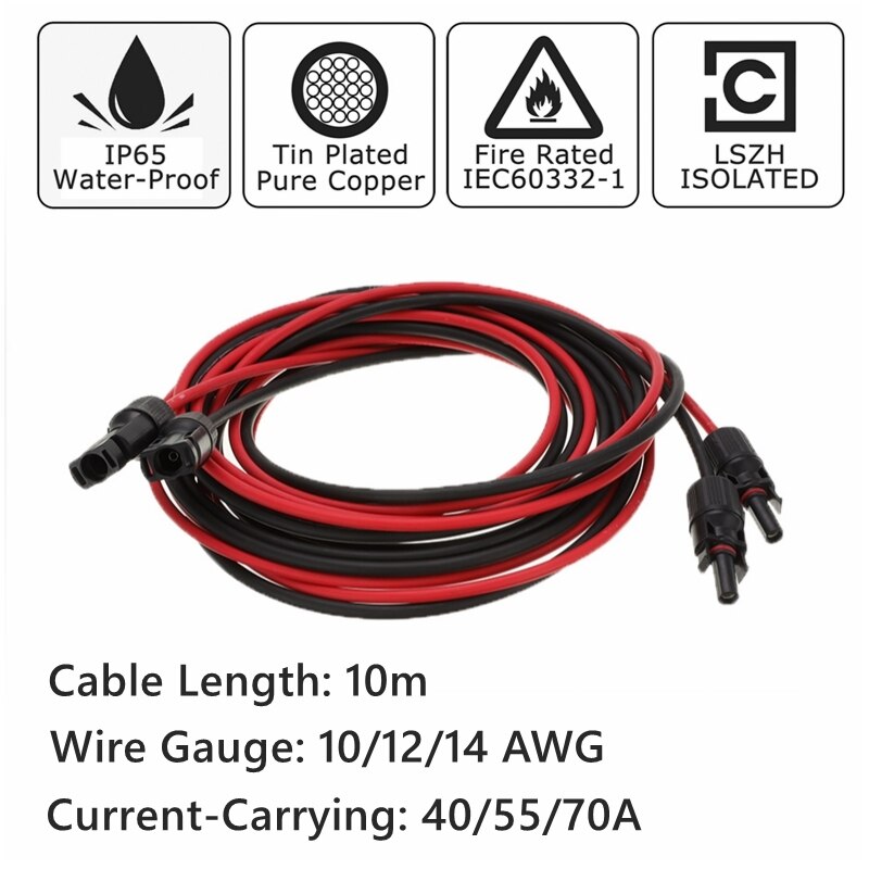 PVC Insulated Electrical PV Connector Cables Solar Panel Connect Back 10m 30ft 10AWG 12AWG 14AWG 2.5mm 4mm 6mm