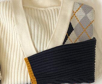 3 färger vår och höst koreansk stil färg patchwork v-ringad pläd stickade koftor dam tröjor dam  (x180): Beige