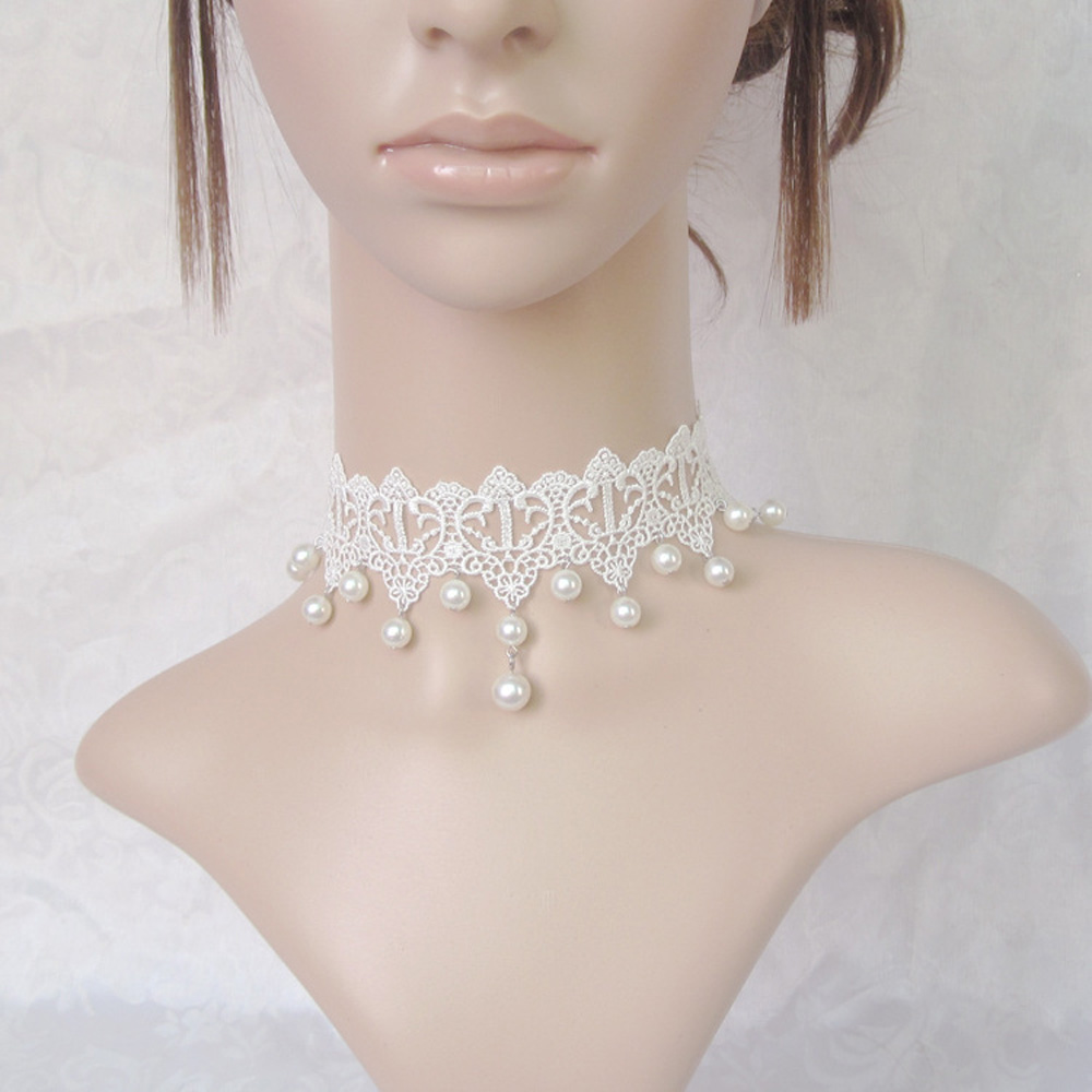 White Lace Pearl Choker Necklace Wedding Bridesmaid Handmade Adjustable Wide Hollow Bridal Jewelry Accessories