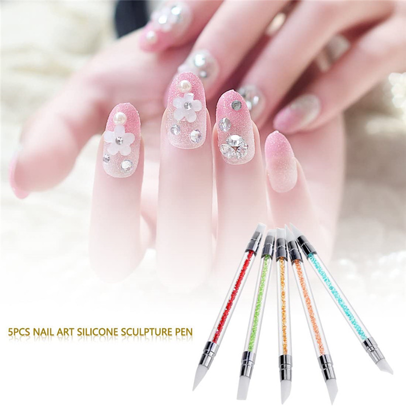 5Pcs 2 Way Nail Art Sculpture Pen Silicone Rhinestone Polish Emboss Carving Drawing Handle Nail Art Brush Manicure Tool Set
