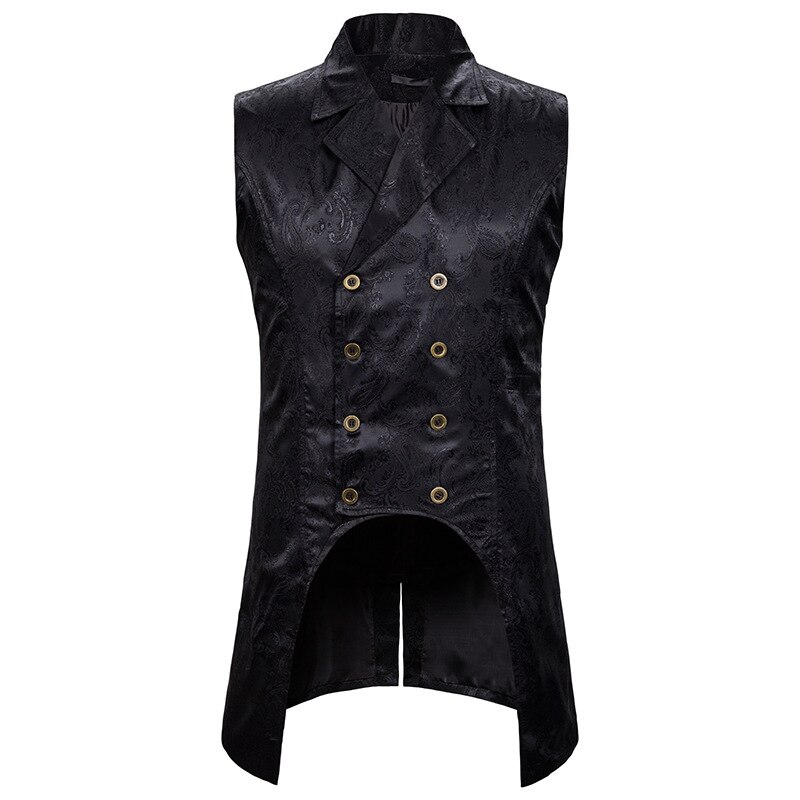 Wijn Rood Paisley Jacquard Mouwloze Lange Vest Mannen Double Breasted Revers Brocade Vest Mens Gothic Steampunk Tailcoat: black / M