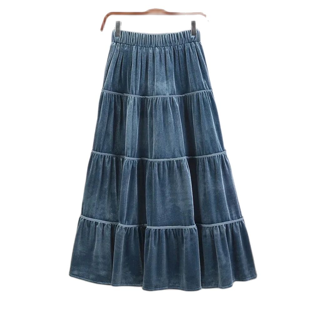 Falda plisada de costura de terciopelo para mujer, falda larga de cintura alta elástica, pastel, coreano, otoño e invierno, negro cálido: Azul / S