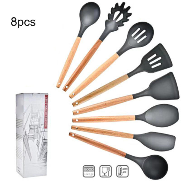 Køkkenredskaber i silikone køkkenredskaber sæt nonstick køkkengrej træhåndtag køkkenredskaber drejetænger spatel spoonyu-home: 8 stk