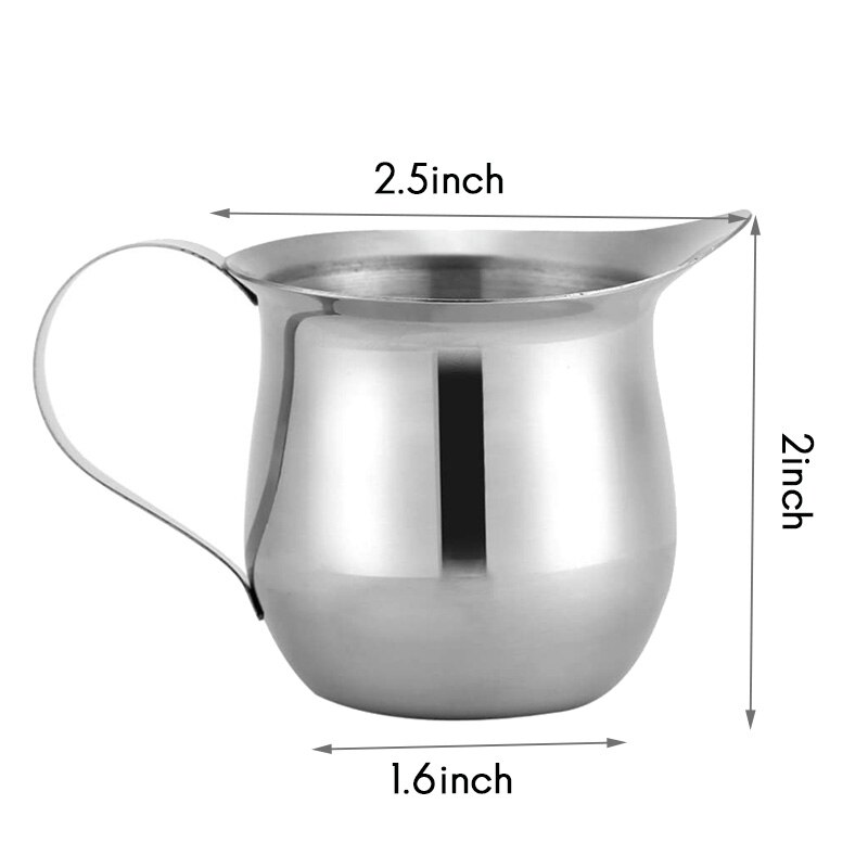 Set of 4 Stainless Steel Creamers, 3Oz, Mirror Finish, Comfort Grip Handle, Coffee Cup